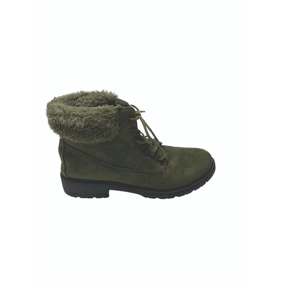 Womens Modern Rebel Olive Faux Suede Ankle Boots With Faux Fur Lining &‎ Lace-Up - Picture 2 of 14